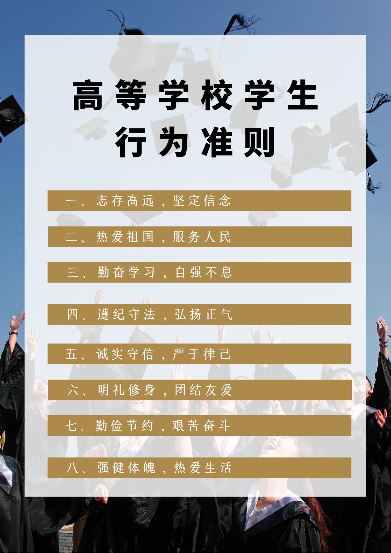 高等学校学生行为准则:一,志存高远,坚定信念;二,热爱祖国,服务人民